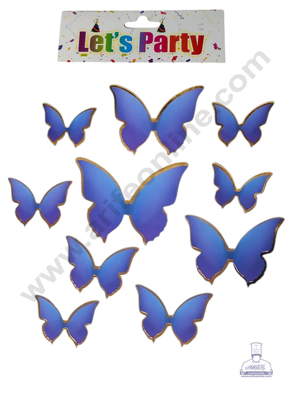 CAKE DECOR™ 10 Pcs Let's Party Blue & Purple Shade With Golden Outlines Butterfly Paper Topper For Cake And Cupcake