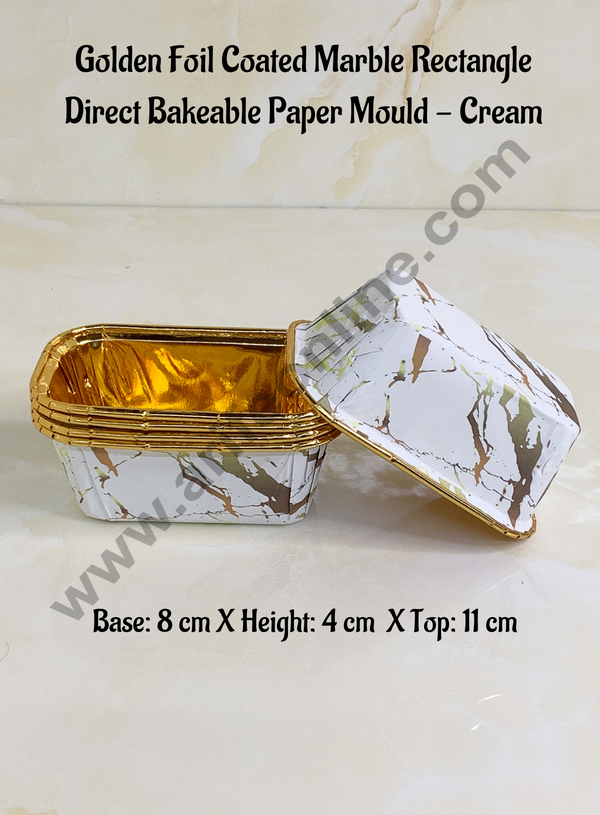 Cake Decor™ Golden Foil Coated Marble Rectangle Direct Bake-able Paper Mould - Cream (50 Pcs)