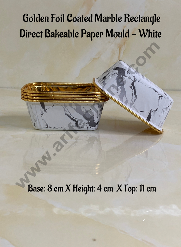 Cake Decor™ Golden Foil Coated Marble Rectangle Direct Bake-able Paper Mould - White (50 Pcs)