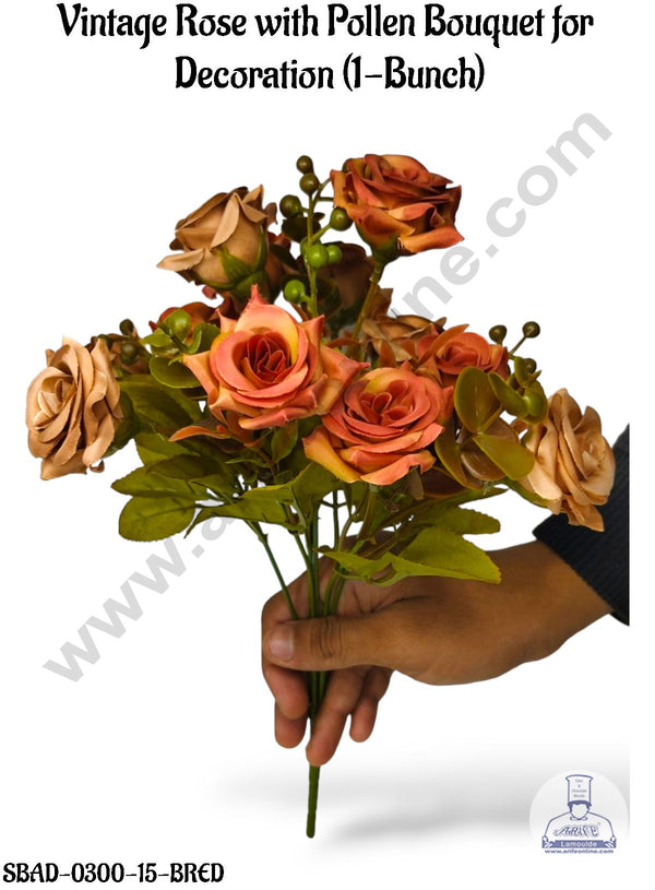 CAKE DECOR™ Vintage Rose with Pollen Bouquet for Decoration – (1 Bunch)