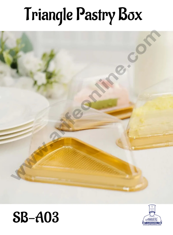 CAKE DECOR™ Gold Base PVC Triangle Pastry box with Clear Lid | Slice Box | Dessert Package | Pastry box - (5 Pcs Pack)