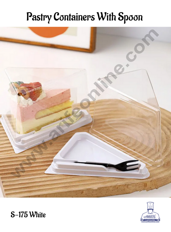 CAKE DECOR™ White Base PVC Triangle Pastry box with Spoon | Slice Box | Dessert Package | Pastry box - (5 Pcs Pack)