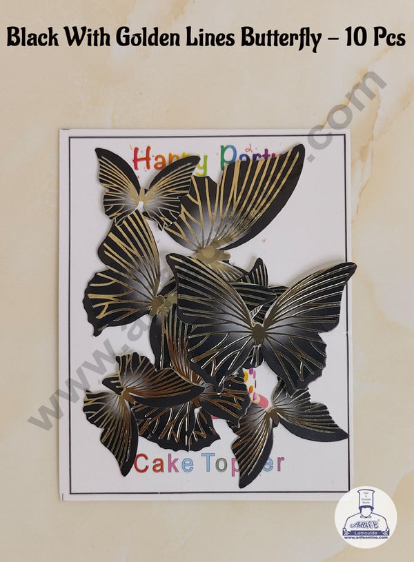 CAKE DECOR™ 10 Pcs Black Butterfly With Golden Lines  Paper Topper For Cake And Cupcake