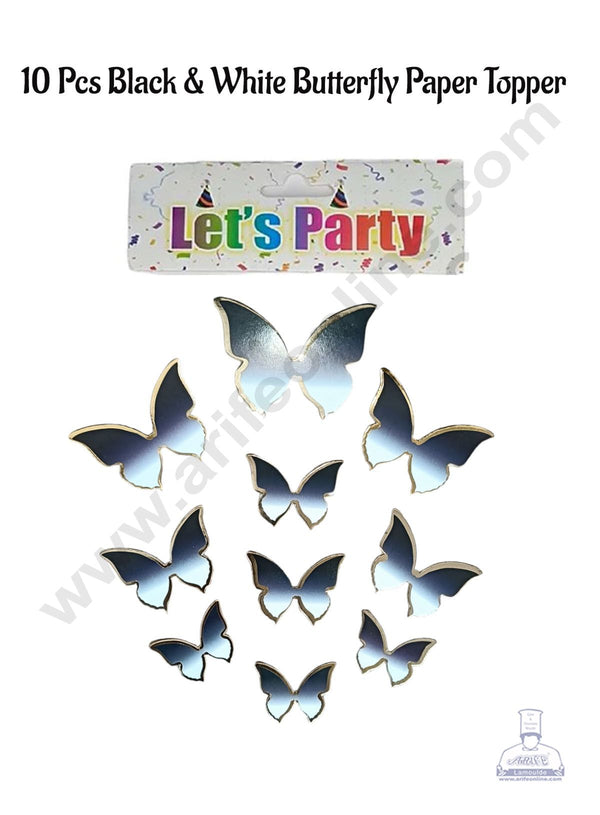 CAKE DECOR™ 10 pcs Let's Party Black & White Butterfly Paper Topper For Cake And Cupcake