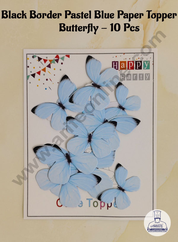 CAKE DECOR™ 10 Pcs Black Border Pastel Blue Colour Butterfly Paper Topper For Cake And Cupcake Decoration