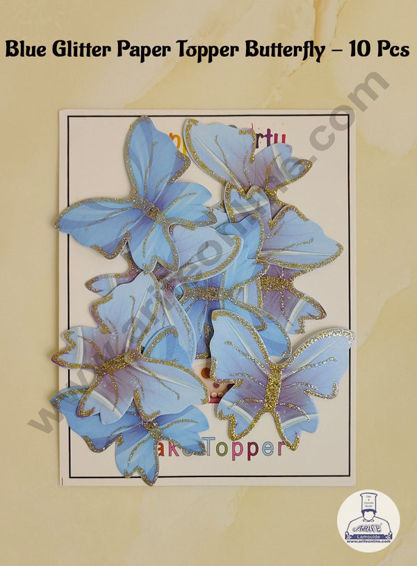 CAKE DECOR™ 10 Pcs Blue Glitter Colour Butterfly Paper Topper For Cake And Cupcake Decoration