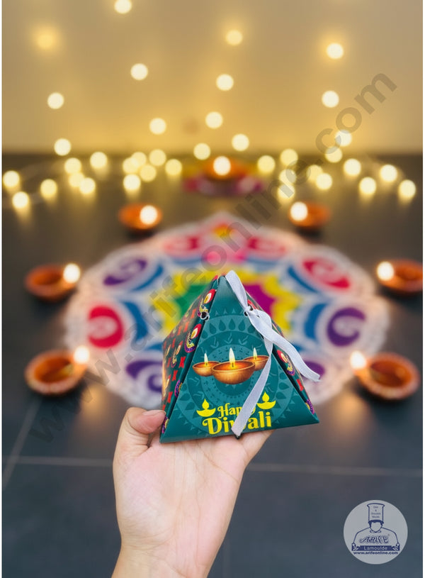 Green Pyramid Diwali Box Foldable With Ribbon - 10 Pcs Pack