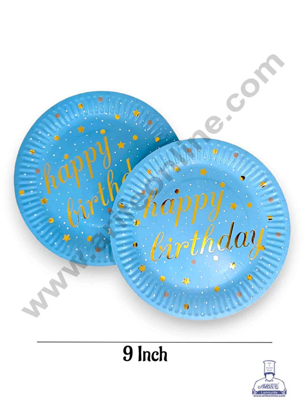 CAKE DECOR™ 9 inch Blue Happy Birthday with Stars & Dots Paper Plates | Disposable Plates | Birthday | Party | Occasions | Round Plates - Pack of 10