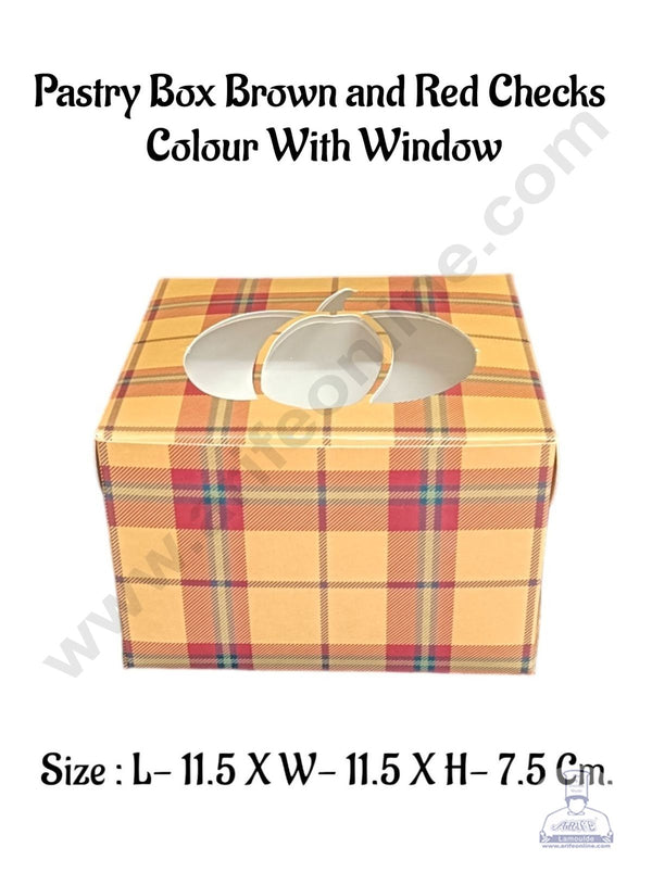 CAKE DECOR™ Pastry Box Brown and Red Checks  Colour With Window (Pack of 10 Pcs)