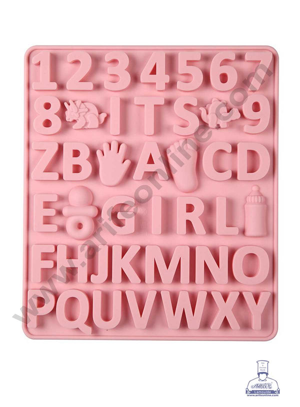 CAKE DECOR™ 42 Cavity Alphabet Number and Baby Theme Shape Silicon Chocolate Mould Silicon Cupcake Mould (SBSM-873)