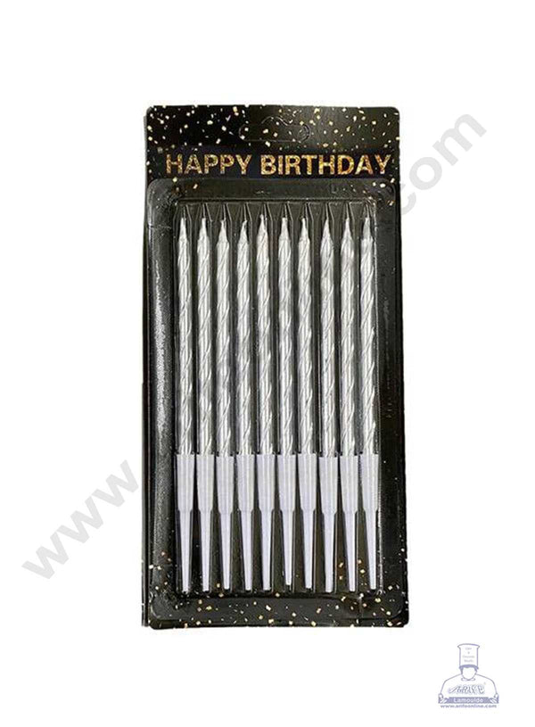 CAKE DECOR™ 10 pcs Silver Twist Long Thin Candle for Party Decoration for Cake and Cupcake