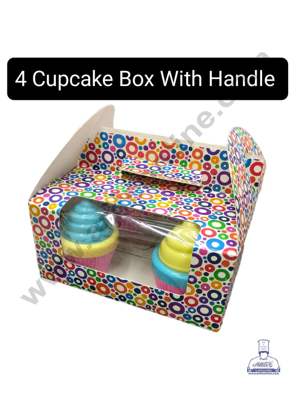 CAKE DECOR™ 4 Cavity Cupcake Printed Boxes Clear Window With Handle , Cupcake Carrier - Printed 02 ( 10 Pc Pack )