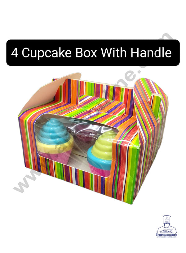 CAKE DECOR™ 4 Cavity Cupcake Printed Boxes Clear Window With Handle , Cupcake Carrier - Printed 03 ( 10 Pc Pack )