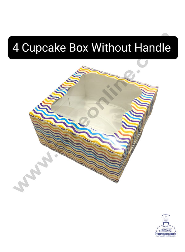 CAKE DECOR™ 4 Cavity Cupcake Printed Boxes Clear Window Without Handle , Cupcake Carrier - Printed 01 ( 10 Pc Pack )