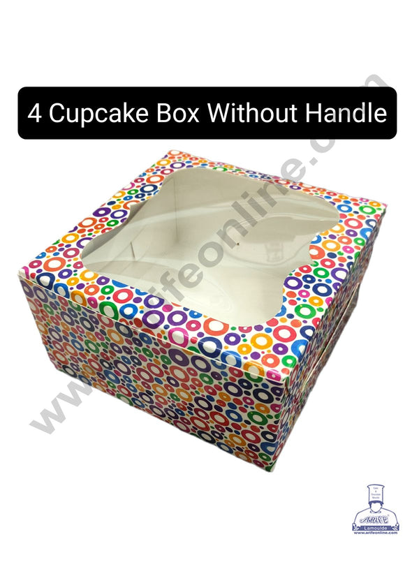 CAKE DECOR™ 4 Cavity Cupcake Printed Boxes Clear Window Without Handle , Cupcake Carrier - Printed 02 ( 10 Pc Pack )