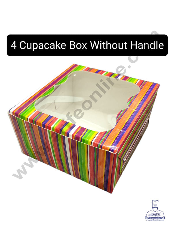 CAKE DECOR™ 4 Cavity Cupcake Printed Boxes Clear Window Without Handle , Cupcake Carrier - Printed 03 ( 10 Pc Pack )