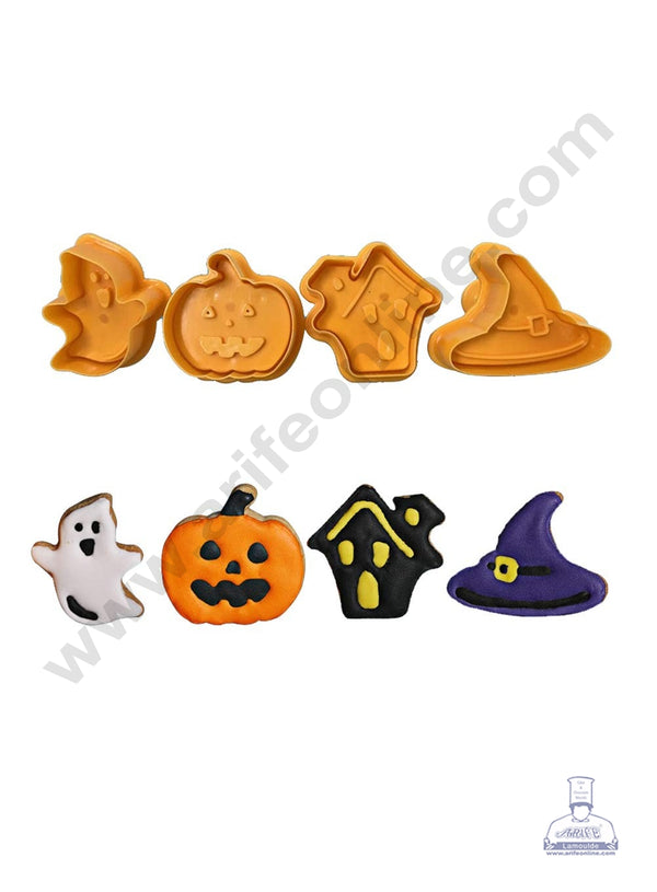 CAKE DECOR™ 4 Piece Halloween Theme Plastic Cutter | Fondant Cutter Plunger Halloween Ghost Pumpkin Witch Hat Haunted House