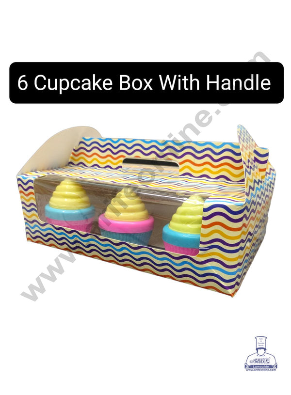 CAKE DECOR™ 6 Cavity Cupcake Printed Boxes Clear Window With Handle , Cupcake Carrier - Printed 01 ( 10 Pc Pack )