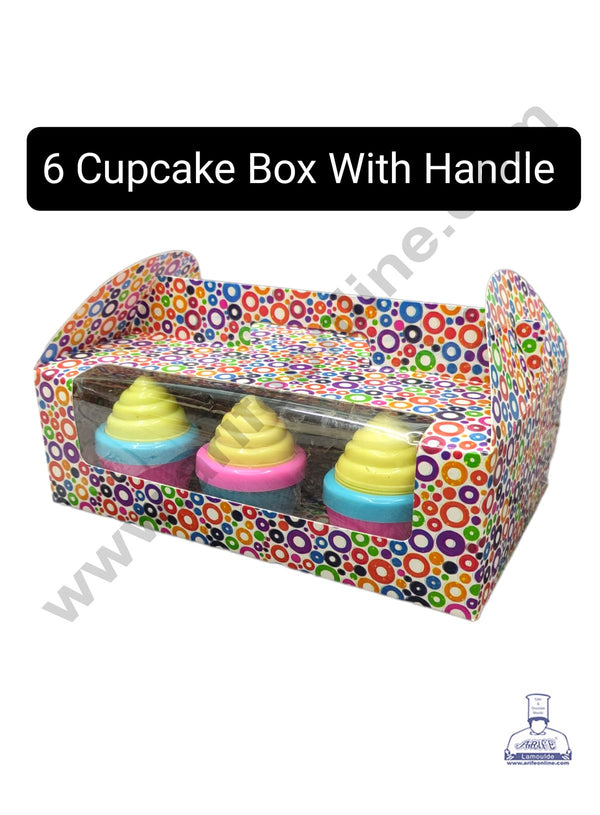CAKE DECOR™ 6 Cavity Cupcake Printed Boxes Clear Window With Handle , Cupcake Carrier - Printed 02 ( 10 Pc Pack )