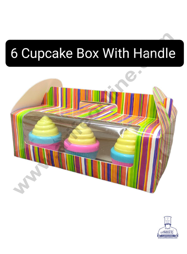 CAKE DECOR™ 6 Cavity Cupcake Printed Boxes Clear Window With Handle , Cupcake Carrier - Printed 03 ( 10 Pc Pack )