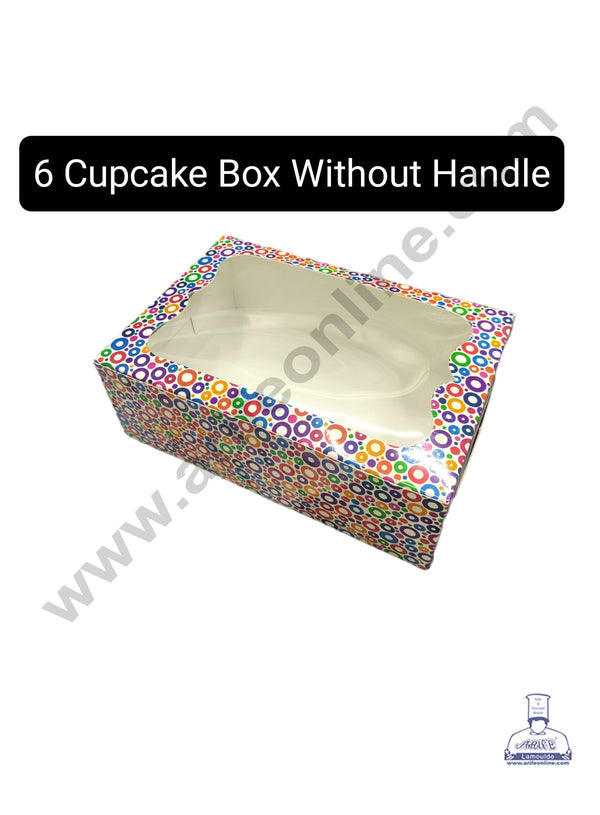 CAKE DECOR™ 6 Cavity Cupcake Printed Boxes Clear Window Without Handle , Cupcake Carrier - Printed 02 ( 10 Pc Pack )