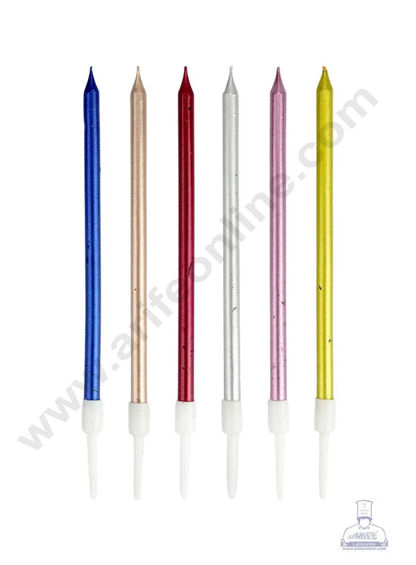 CAKE DECOR™ 6 pcs Multi colour Metallic Long Thin Cake Candle in Holder for Party Decoration for Cake and Cupcake - Multi colour - Set of 6 Pc