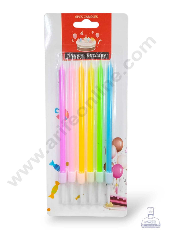 CAKE DECOR™ 6 pcs Pastel colour Metallic Long Thin Cake Candle in Holder for Party Decoration for Cake and Cupcake - Pastel Multi colour - Set of 6 Pc