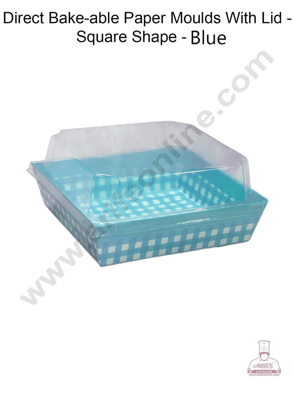 CAKE DECOR™ Direct Bake-able Paper Moulds With Lid -Square Shape - Blue (10 Pcs Pack)
