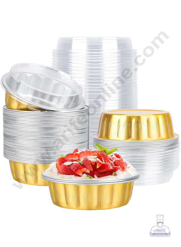 CAKE DECOR™ Round Alpha Aluminium Cup Tin Foil With Lid Bake & Serve Cup | Aluminium Containers | Non-Stick Foil Baking Cups - 5 Pcs Pack