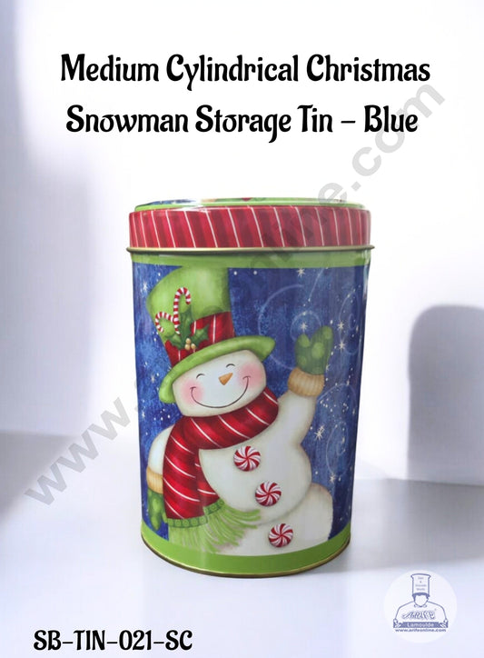 CAKE DECOR™ Medium Cylindrical Christmas Snowman Storage Tin - Blue│Diameter: 8.5 cm x Height: 13 cm│