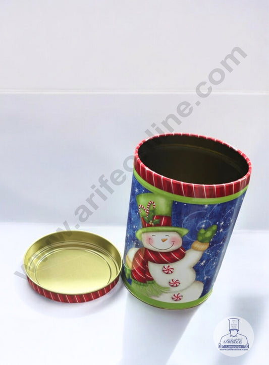 CAKE DECOR™ Medium Cylindrical Christmas Snowman Storage Tin - Blue│Diameter: 8.5 cm x Height: 13 cm│
