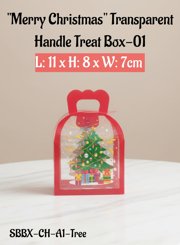 CAKE DECOR™"Merry Christmas" Transparent Handle Treat Box- 01| L: 11 x H: 8 x W: 7cm | Gift Bag with Handle (10 Pcs Pack)