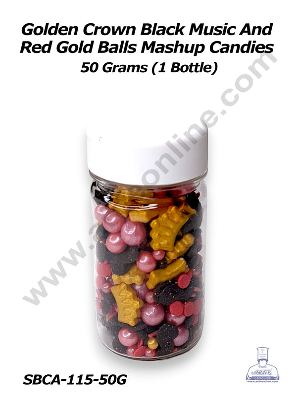 CAKE DECOR™ Sugar Candy - Golden Crown Black Music And Red Gold Balls Mashup Candies - 50 gm