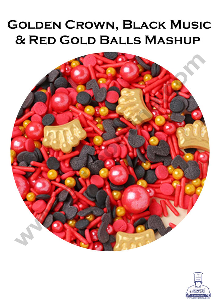 Cake Decor Sugar Candy - Golden Crown Black Music And Red Gold Balls Mashup - 500 gm