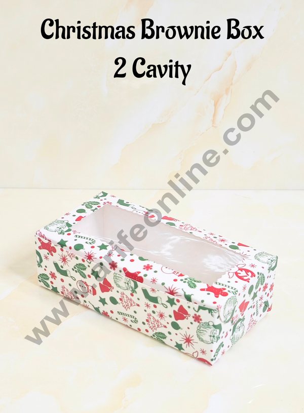 CAKE DECOR™ 2 Cavity Brownie Boxes with Clear Window Christmas Theme - White | Brownie Carriers - 10 Pcs Pack