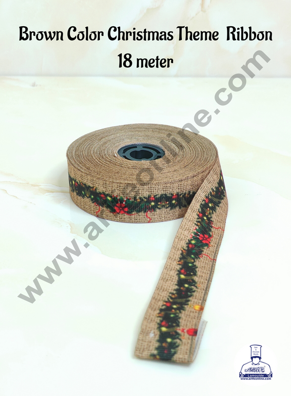 CAKE DECOR™ 1 Roll Christmas Theme Ribbons- Brown Color   | Gift Wrapping | Hamper Dec (SBR-CH-P22)oration