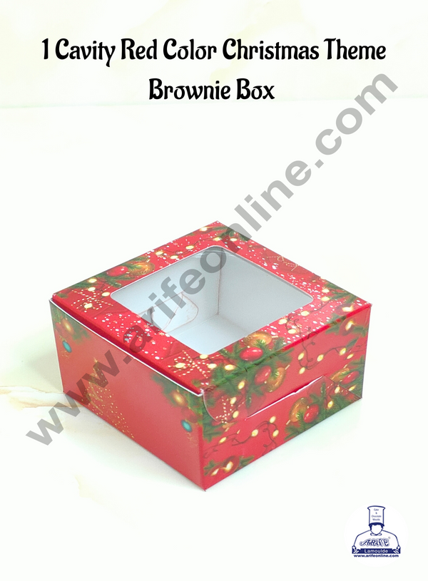 CAKE DECOR™  Red color Christmas design 1 Cavity Brownie Boxes with Clear Window | Brownie Carriers - 10 Pcs Pack