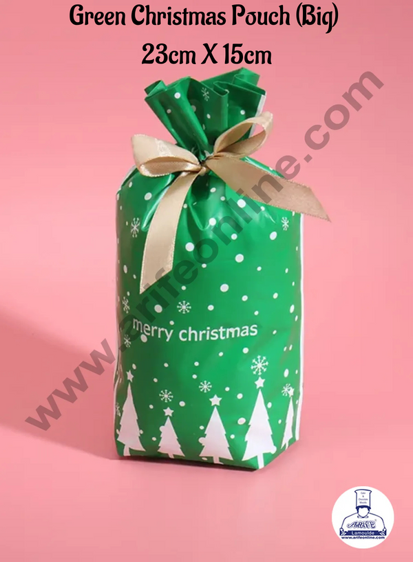 Cake Decor ™  Big Green White Color Christmas Theme Cookie pouch Plastic Drawstring Bag Treat With Ribbon | Design - 01  | Pack of 10 | (23cm X 15cm)