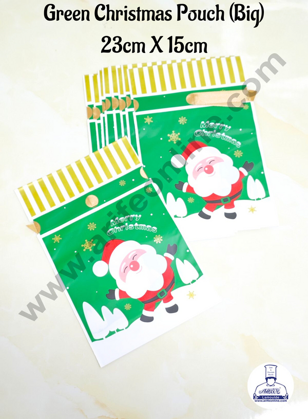 Cake Decor ™  Big Green White Color Christmas Theme Cookie pouch Plastic Drawstring Bag Treat With Ribbon | Design - 03  | Pack of 10 | (23cm X 15cm)