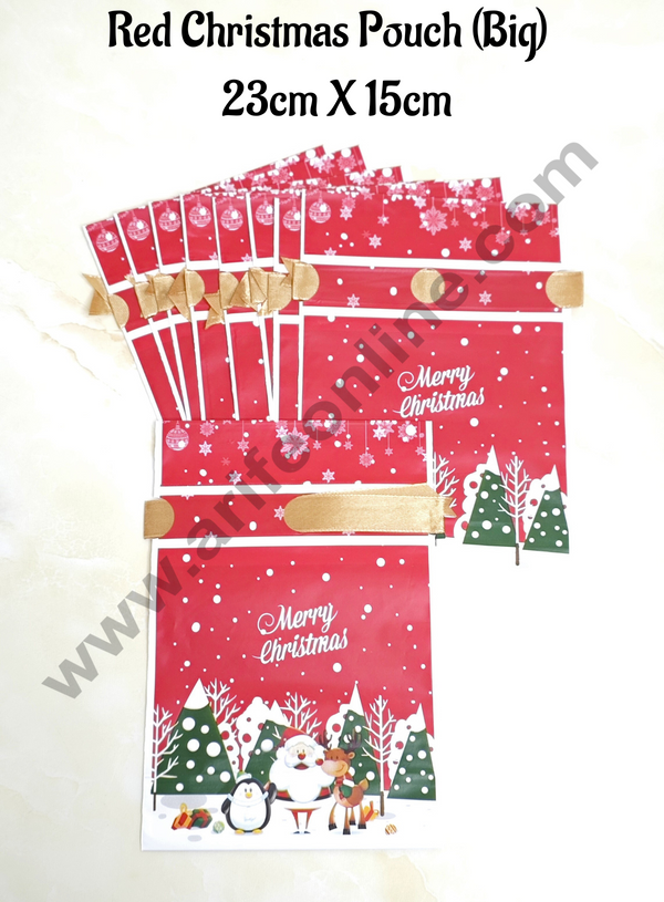 Cake Decor ™ Big Red Color Christmas Theme Cookie pouch Plastic Drawstring Bag Treat With Ribbon | Design - 06 | Pack of 10 | (23cm X 15cm)