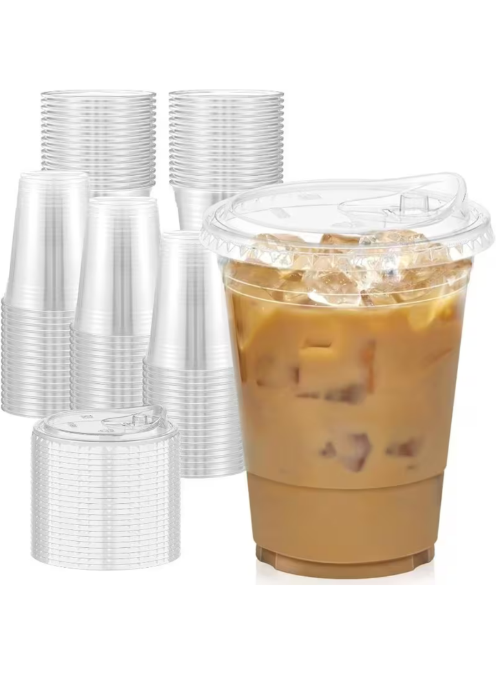 Flat Bottom Clear Plastic Glass with Sipper Lid (350ML) (Pack of 10 ...