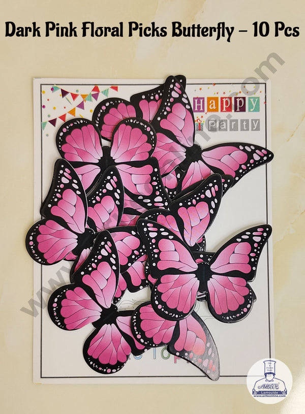 CAKE DECOR™ 10 Pcs Dark Pink Floral Picks Butterfly With Black Outlines  Paper Topper For Cake And Cupcake