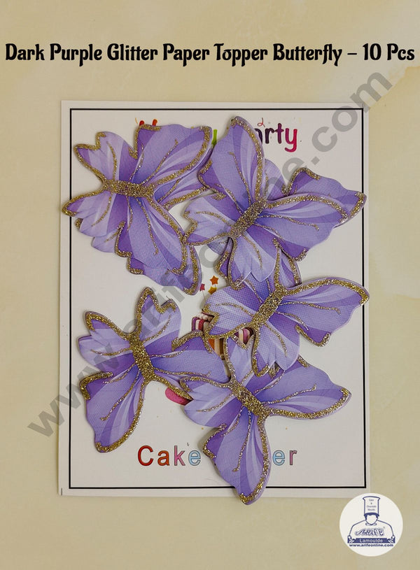 CAKE DECOR™ 10 Pcs Dark Purple Glitter Colour Butterfly Paper Topper For Cake And Cupcake Decoration