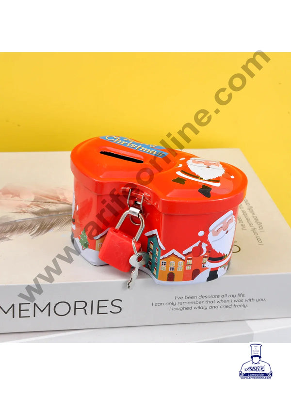 CAKE DECOR™ Cute Christmas Piggy Bank Double Heart Shape Piggy Bank with Metal Lock Key | Christmas Design Coin Storage Box