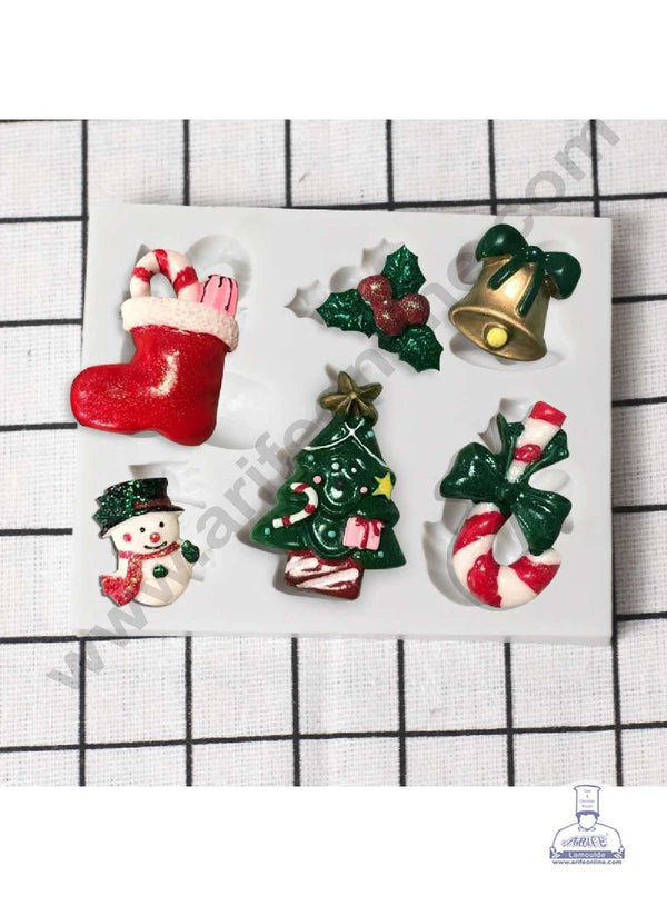 CAKE DECOR™ Silicon 6 Cavity Christmas Theme XMas Tree, Snowman, Bells, Candy Cane, Leaf Silicon Chocolate Mould Jelly Mould SBCM-DYF7213