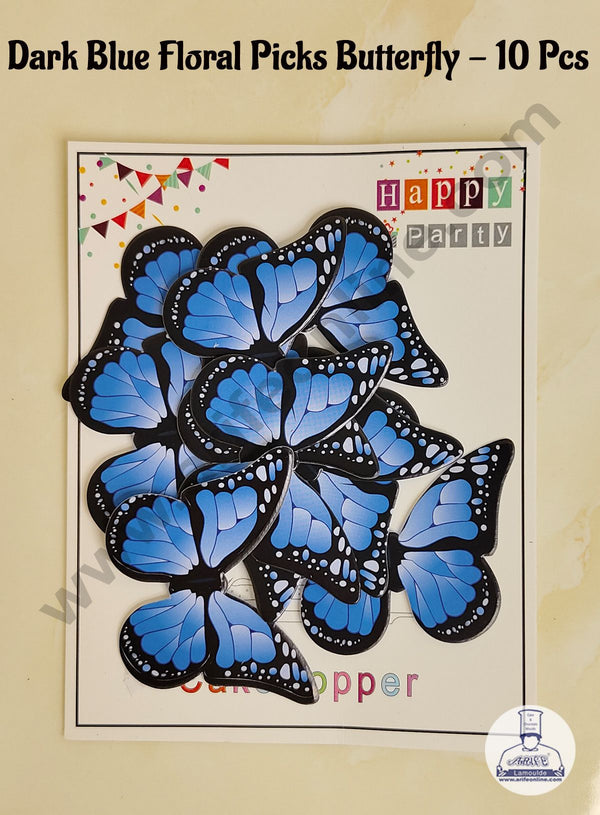 CAKE DECOR™ 10 Pcs Dark Blue Floral Picks Butterfly With Black Outlines  Paper Topper For Cake And Cupcake