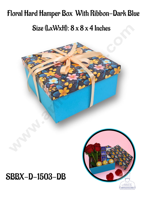 Dark Blue Floral Hard Hamper Box With Ribbon Top Bottom Box | Gift Box | Present Box - 1 Pc - CAKE DECOR™