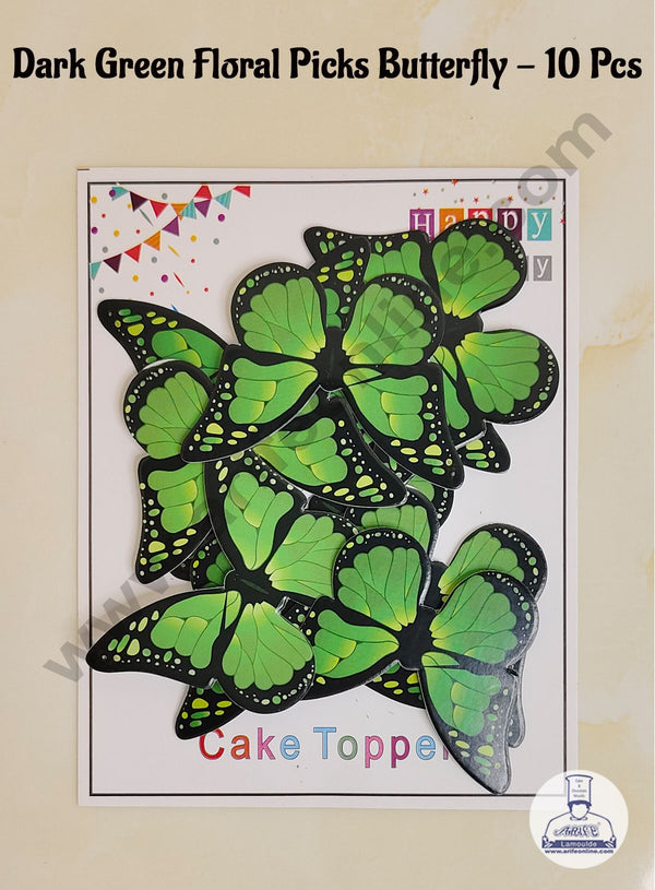 CAKE DECOR™ 10 Pcs Dark Green Floral Picks Butterfly With Black Outlines  Paper Topper For Cake And Cupcake