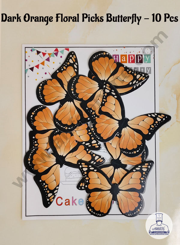 CAKE DECOR™ 10 Pcs Dark Orange Floral Picks Butterfly With Black Outlines  Paper Topper For Cake And Cupcake