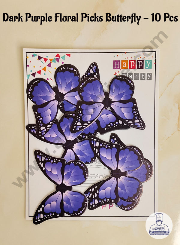 CAKE DECOR™ 10 Pcs Dark Purple Floral Picks Butterfly With Black Outlines  Paper Topper For Cake And Cupcake